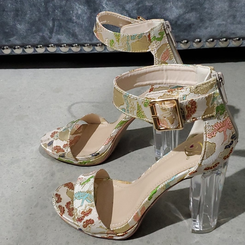 Bird Print Ankle Strap Translucent Block Heels - image 2
